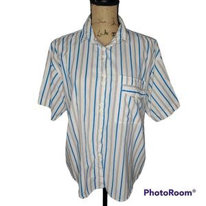 Vintage 80s 90s Blue White Striped Button Down Short Sleeve Shirt